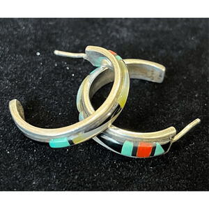 VNT Native American Turquoise Red Coral Onyx Inlay Sterling Silver Hoop Earrings